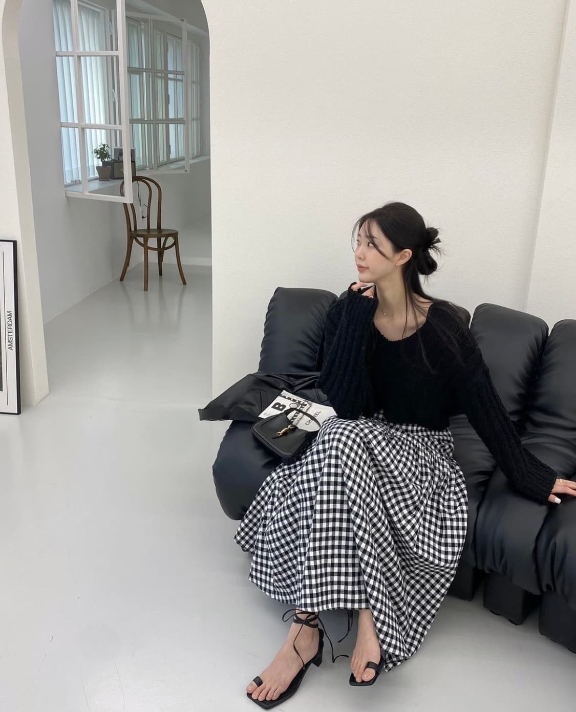 러브미우 카푸치노 깅엄 체크 스커트 드하우 요니핏 리본타이 온무드 상품이미지3