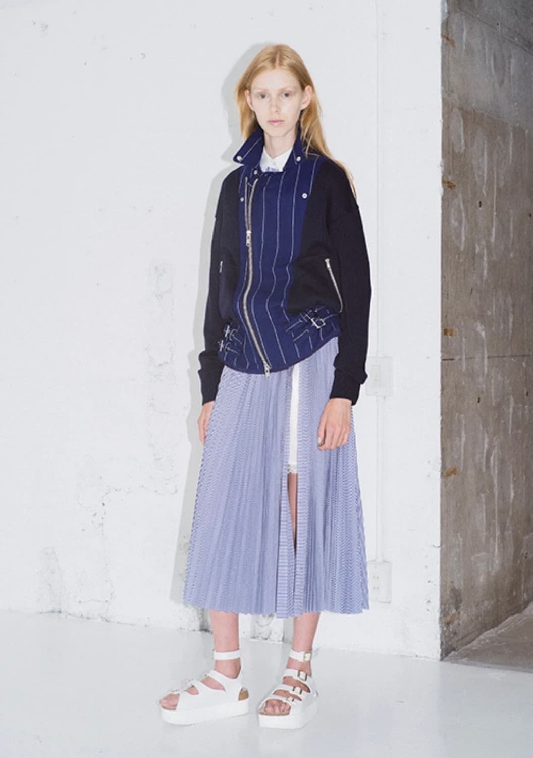 Sacai 사카이 럭 모토 네이비 스트라이프 라이더 재킷 상품이미지4