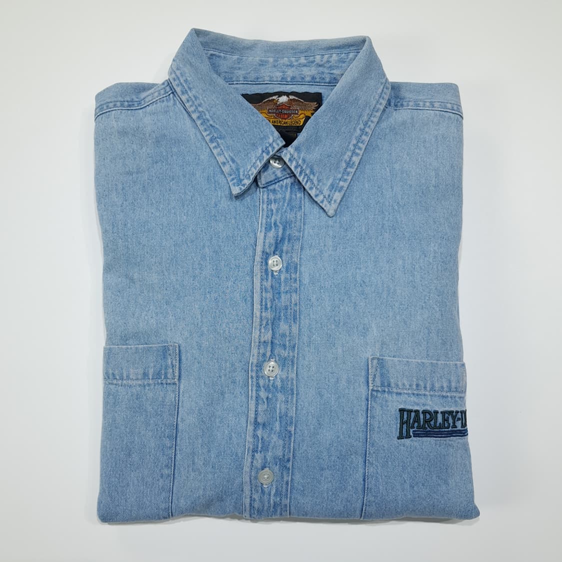 CL391 XL 할리데이비슨 00s 홍콩판 코튼 로고자수 데님셔츠 상품이미지7