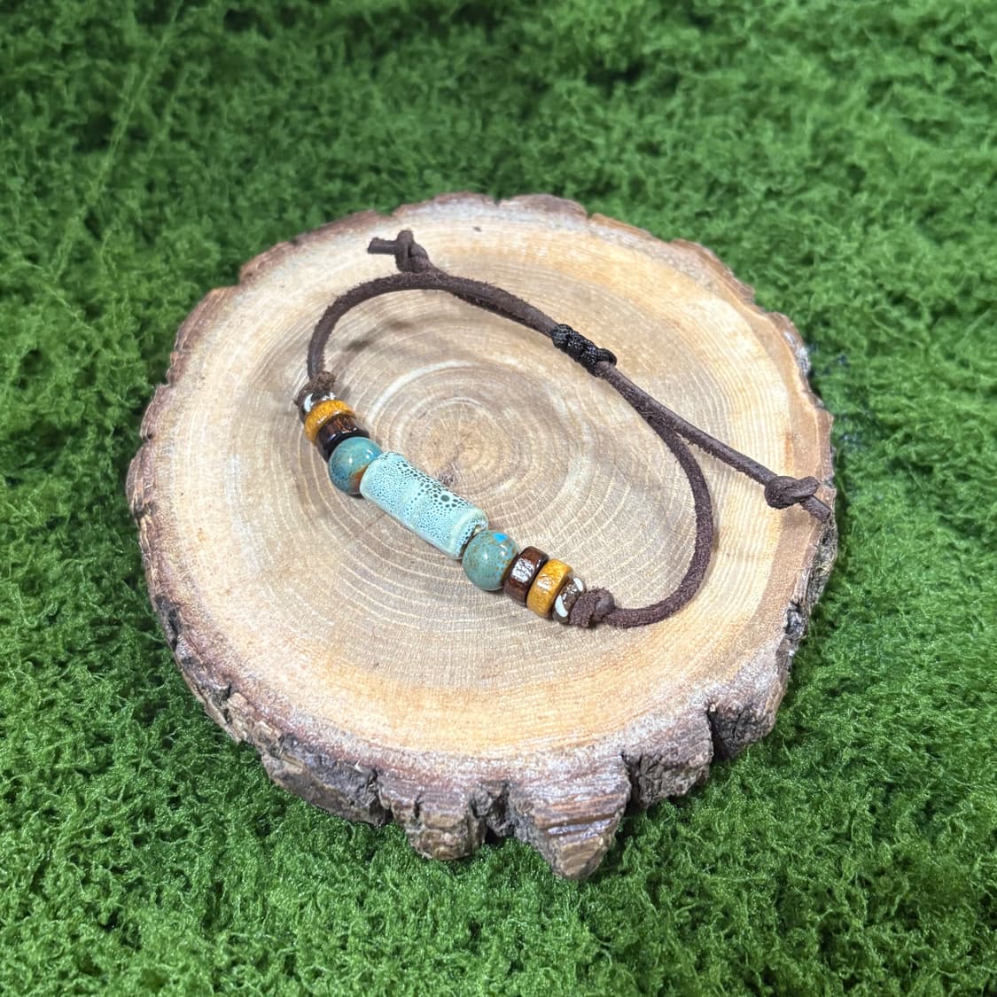 핸드메이드 웨스턴 보헤미안 소가죽 도자기 우드 나무 길이조절 포인트 팔찌 상품이미지3