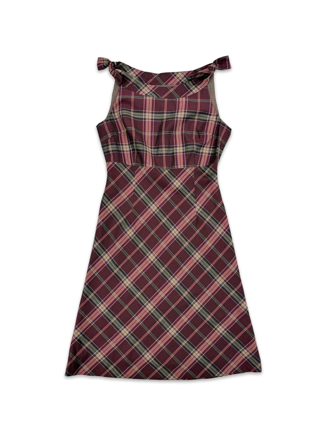 빈티지 핑크 체크 리본 미디 원피스 상품이미지1