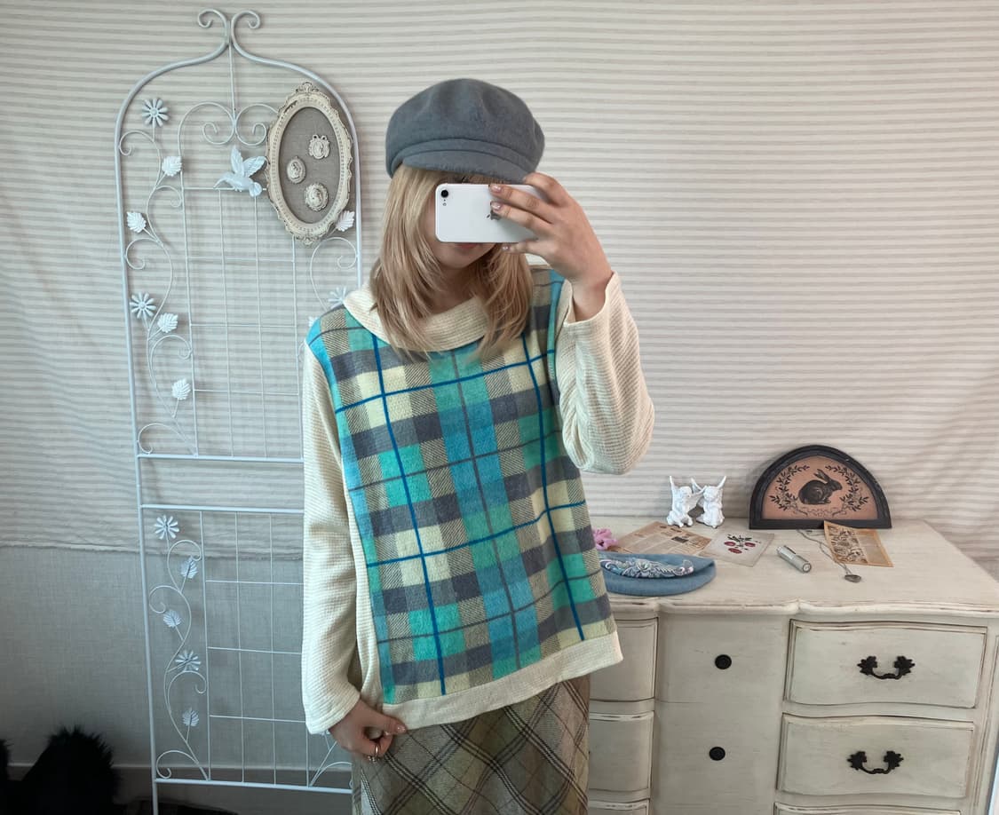 일본빈티지 민트 체크 패턴 니트 풀오버 상품이미지2