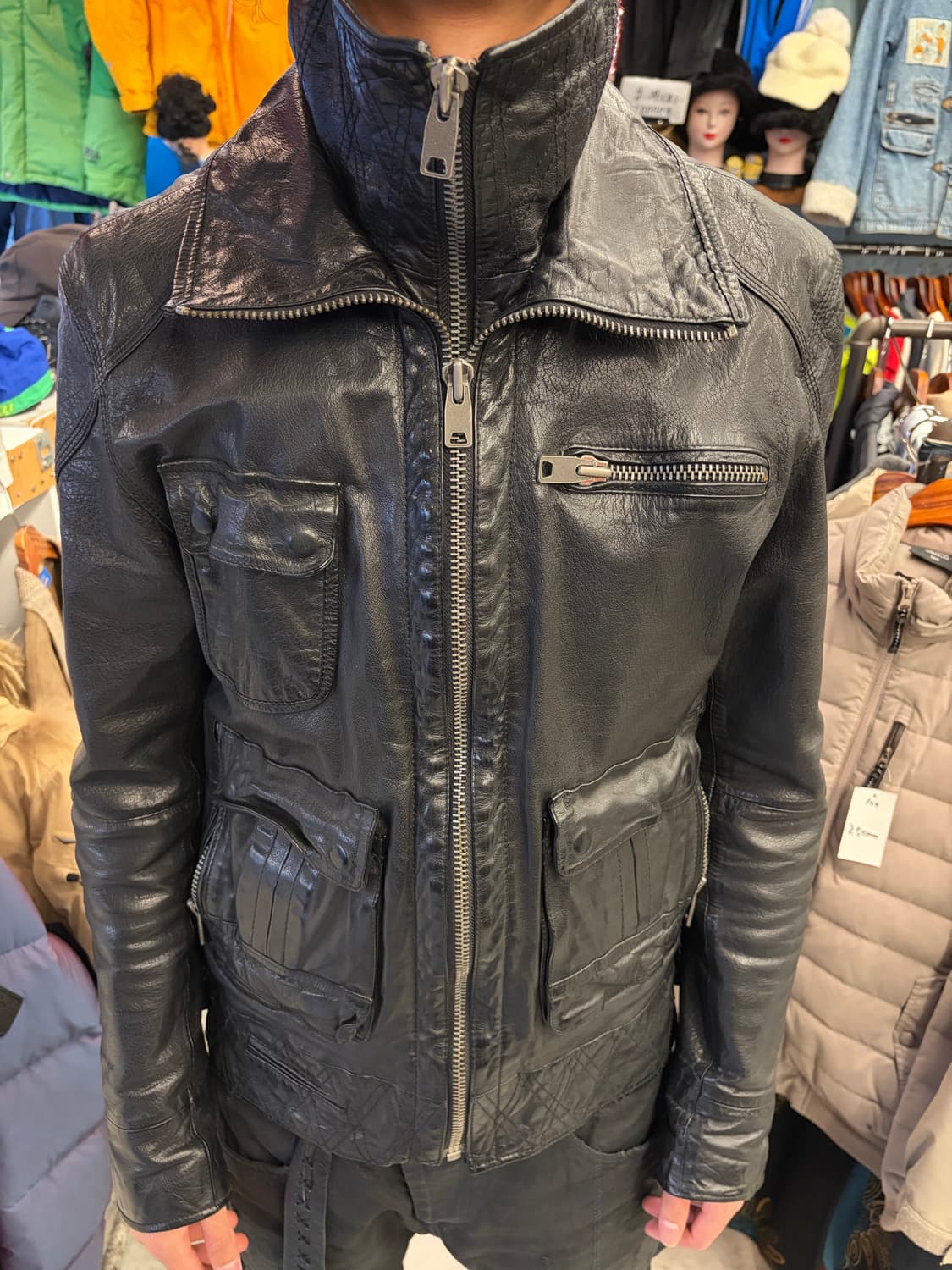 레이어드 더블 하이넥 버팔로 레더 자켓 상품이미지1