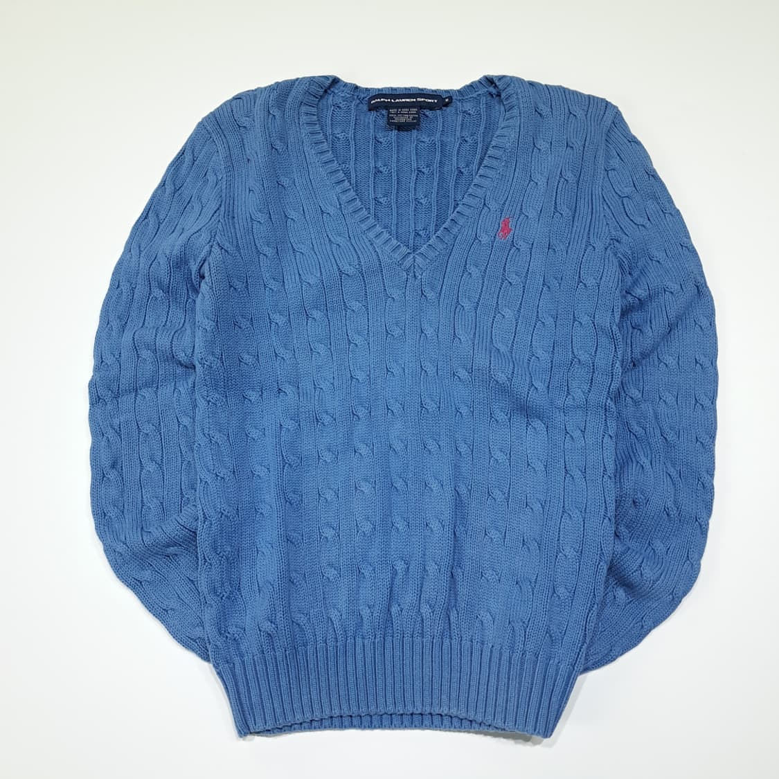 CL381 M 폴로 90s 홍콩판 코튼 케이블브이넥 블루 니트스웨터 상품이미지1