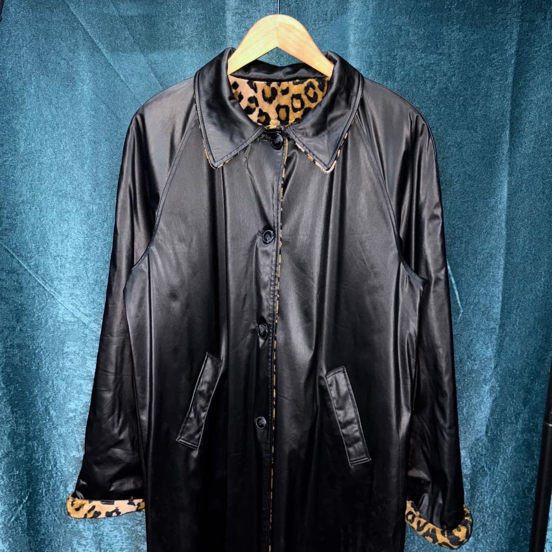 (L) 빈티지 레오파드 퍼 페이크 레더 롱 코트 상품이미지2