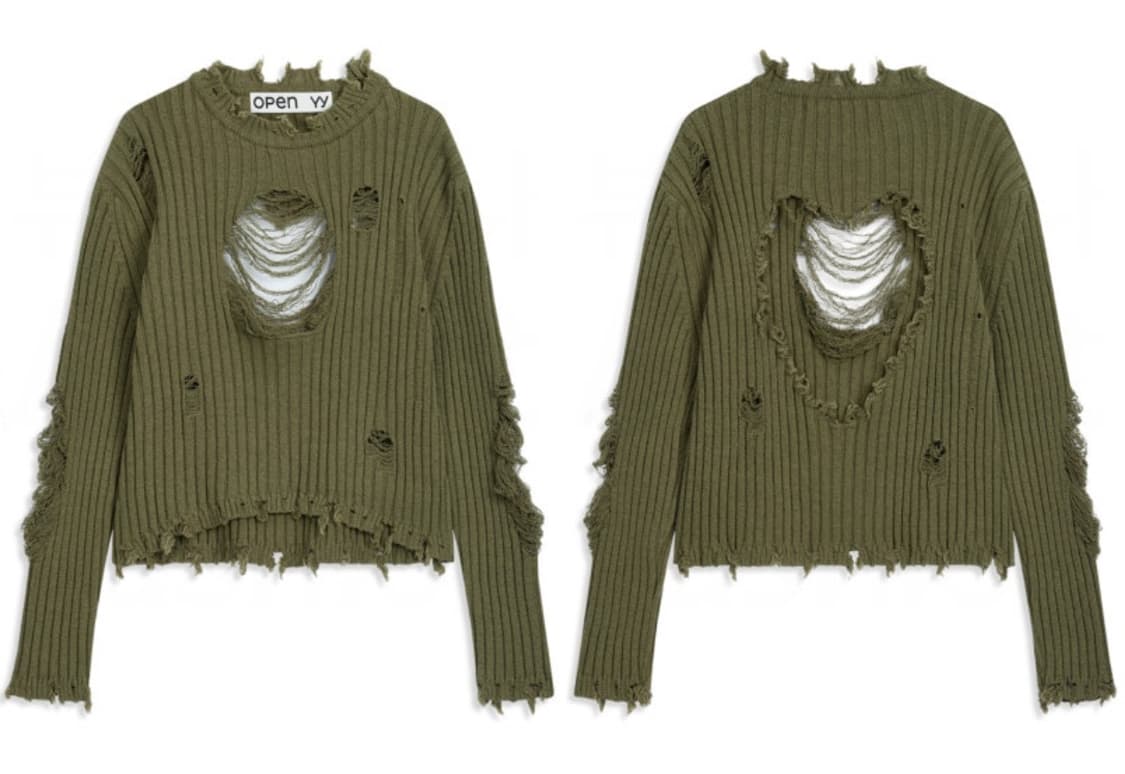 OPEN YY DAMAGED HEART PULLOVER KHAKI 상품이미지2