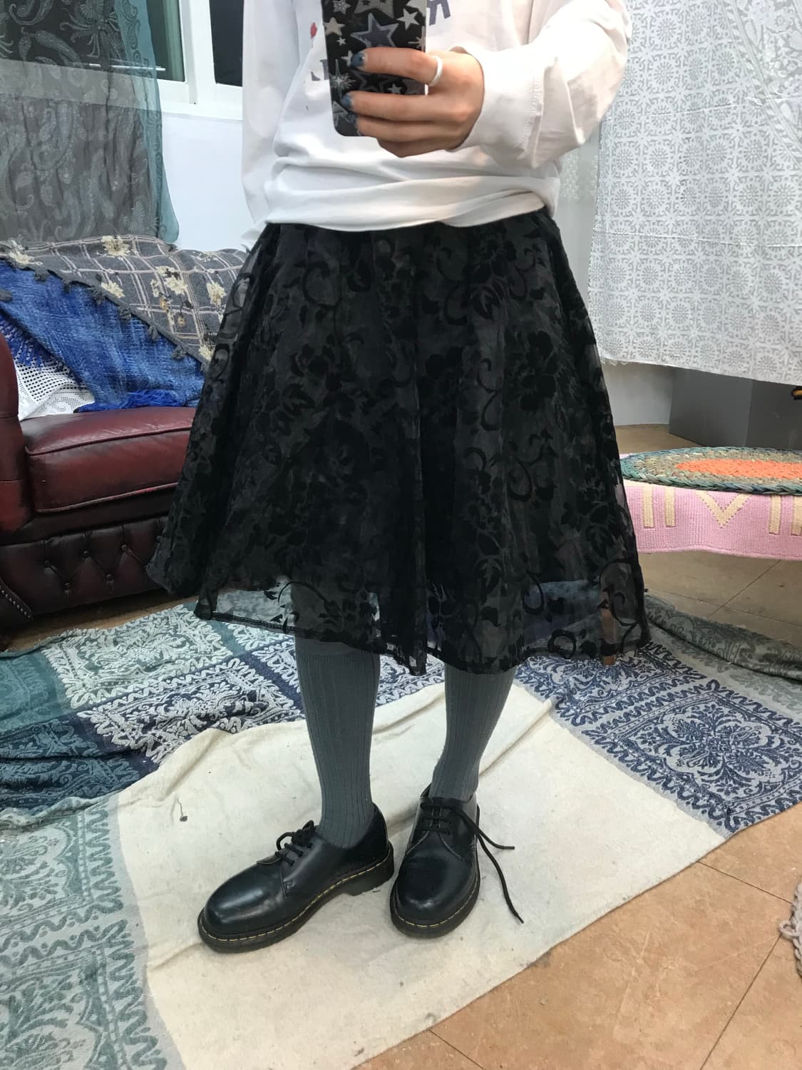 빈티지 여성 벨벳 플라워패턴 시스루 밴딩 미디스커트  상품이미지1