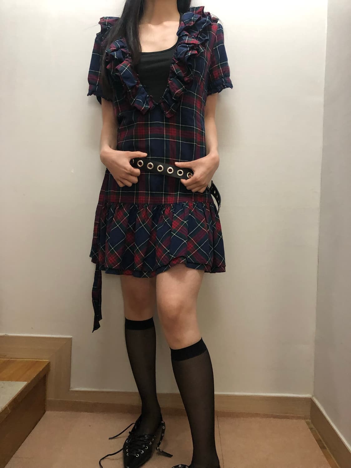 빈티지 펑크 체크 프릴 원피스 상품이미지5