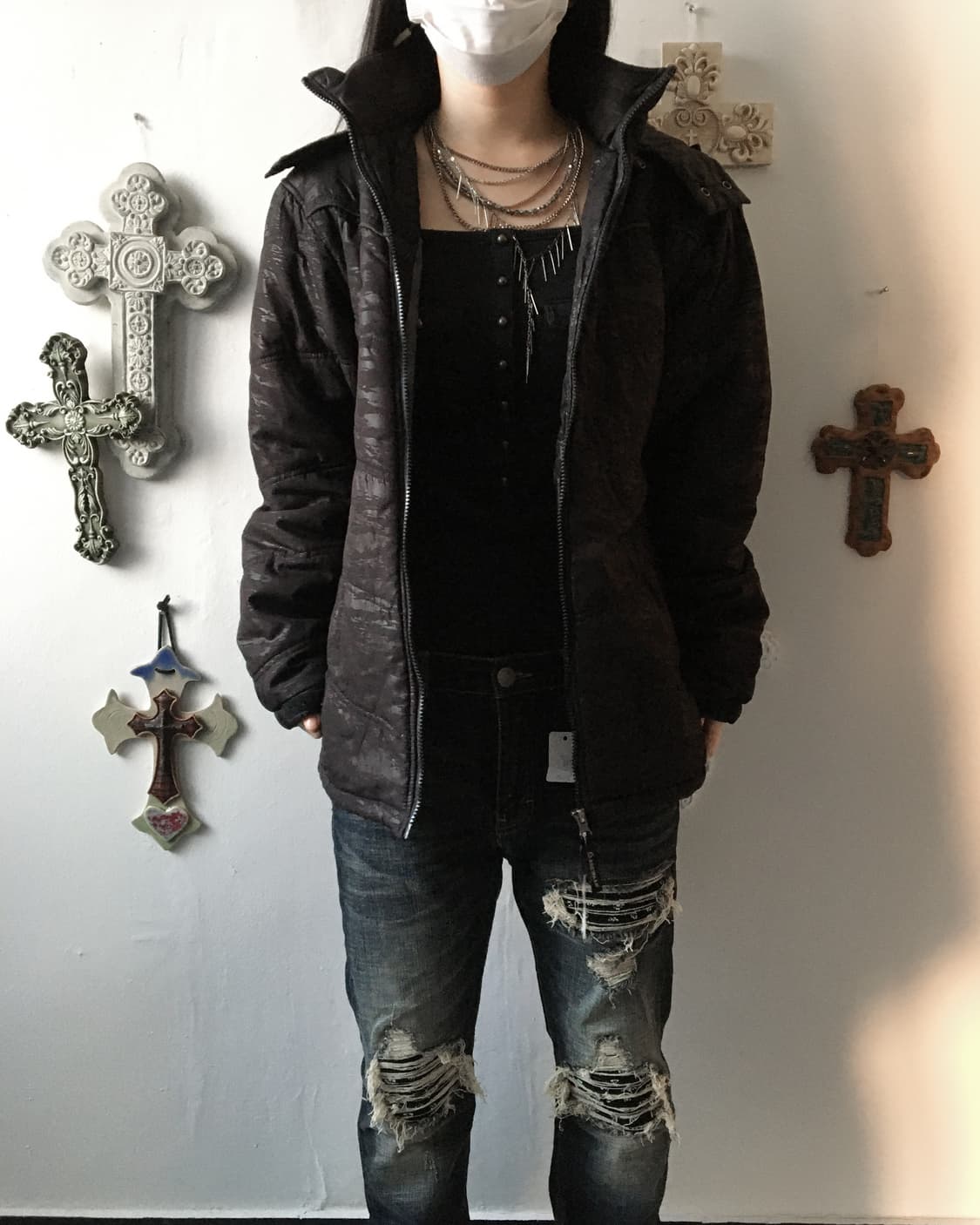 Fake fur hood dyed printing jacket 상품이미지6