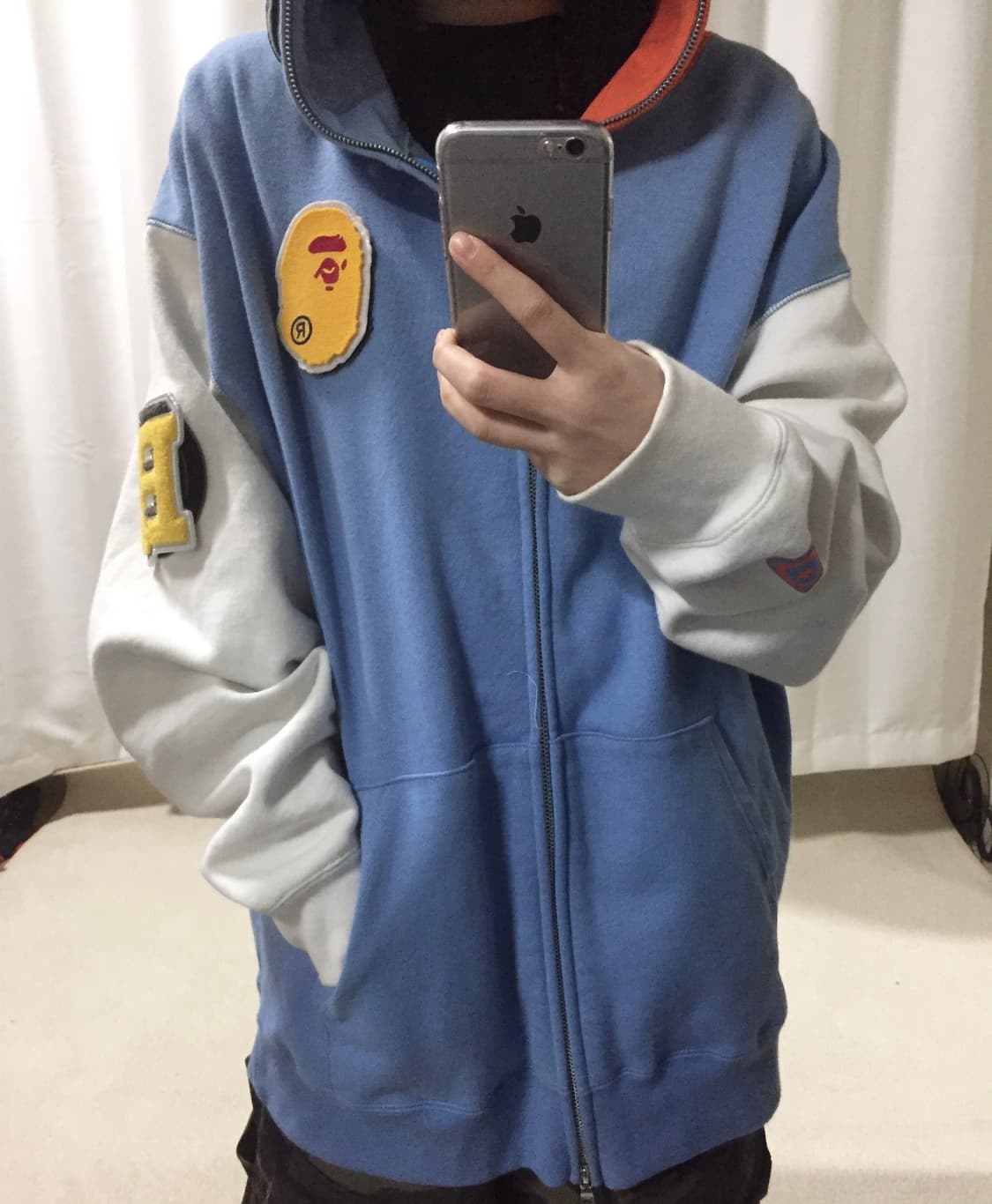 베이프 샤크 블루 오렌지 하프 배색 화이트 패치 디테일 풀 집 후드집업 상품이미지1