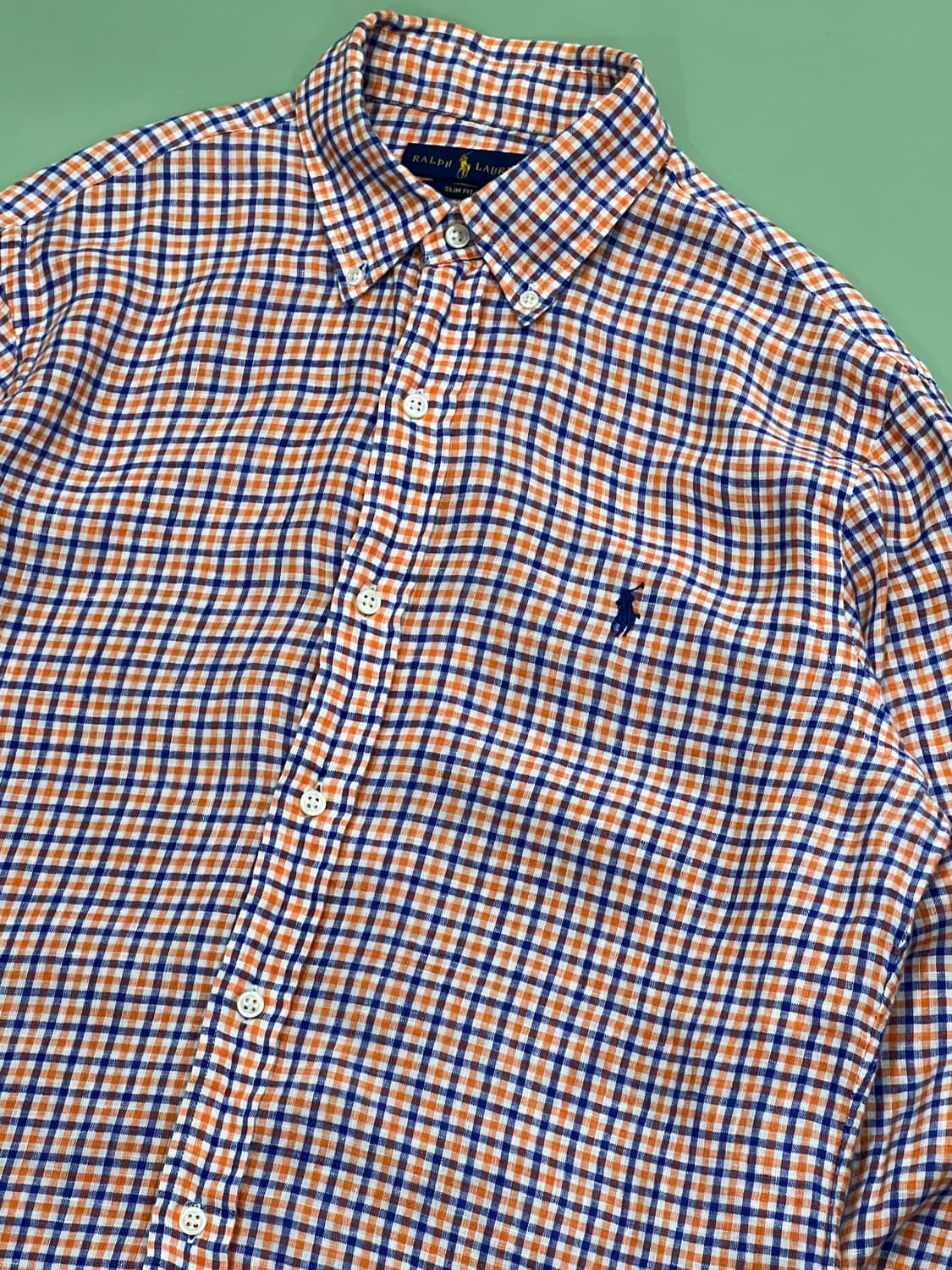 (M) 랄프로렌 슬림핏 체크 셔츠 오렌지/네이비 상품이미지3