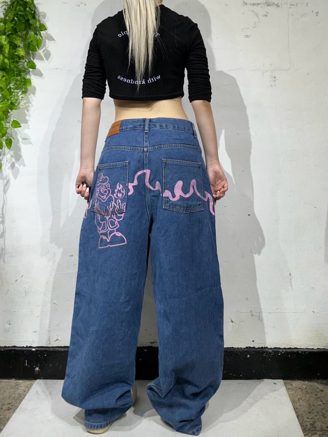 위캔더스 중청 힙합 새깅 프린팅 포인트 와이드 데님 팬츠 청바지 M 상품이미지1
