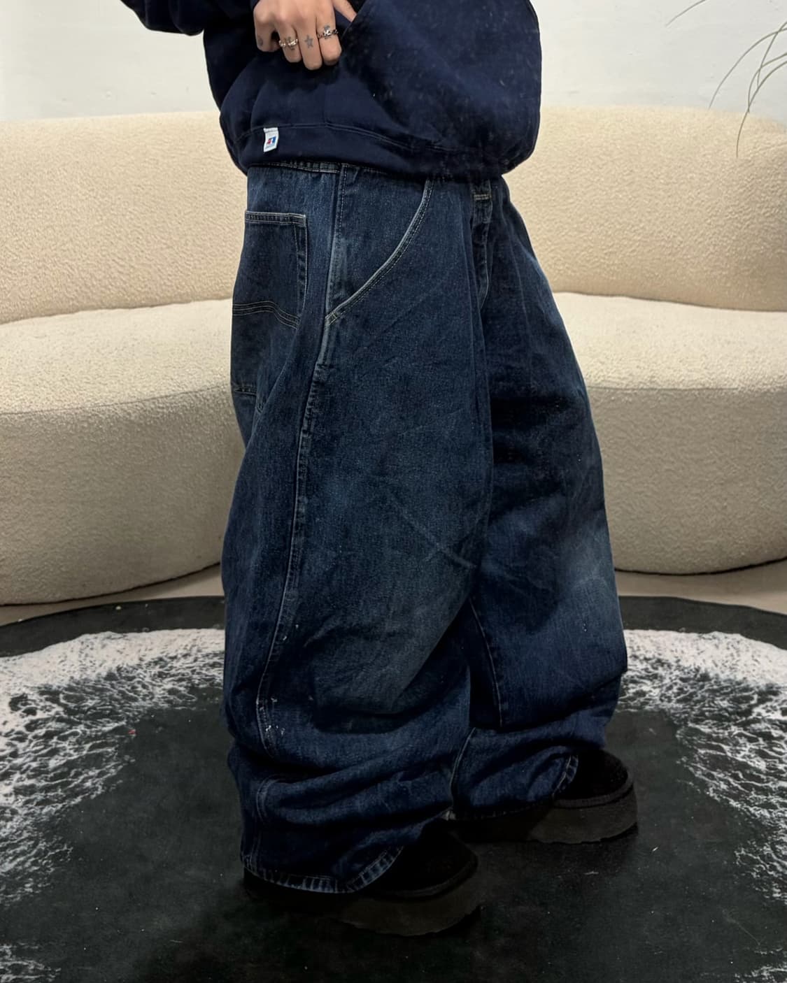 90s 올드스쿨 진청 데님 카팬터 와이드팬츠 상품이미지3