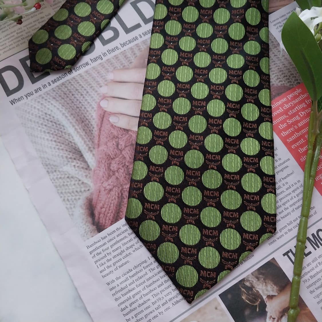 MCM 실크 브라운&그린 도트 패턴 넥타이 9.2cm A+등급 K1585 상품이미지4