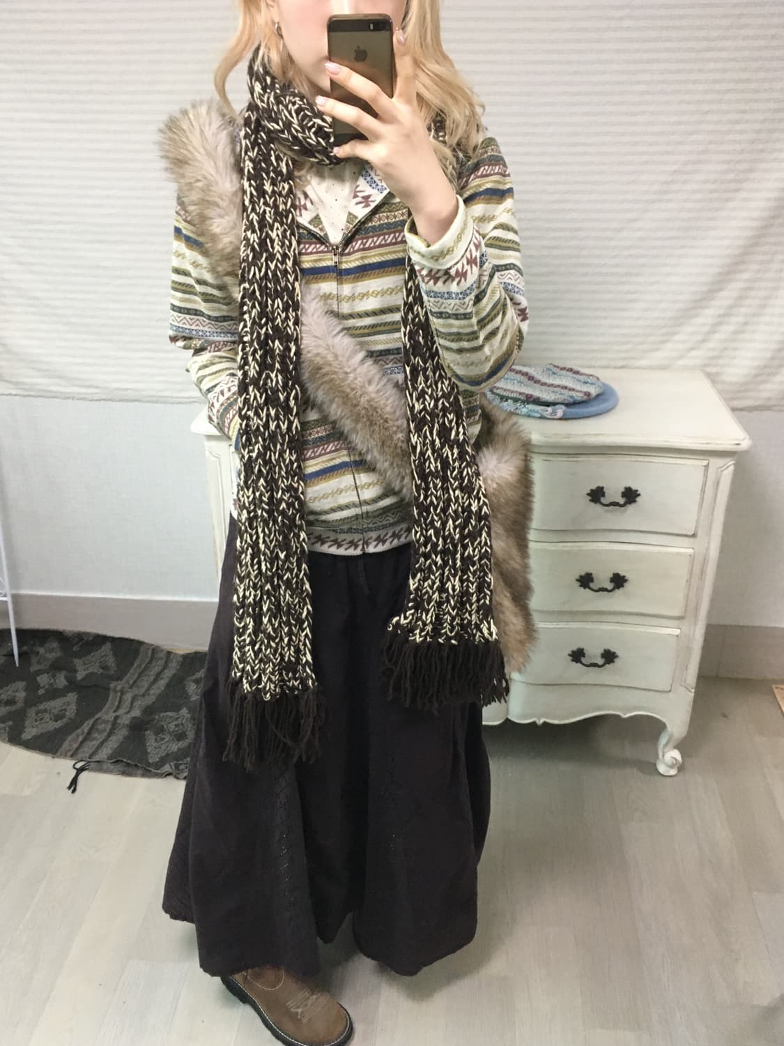 일본빈티지 브라운 보카시 머플러 상품이미지2