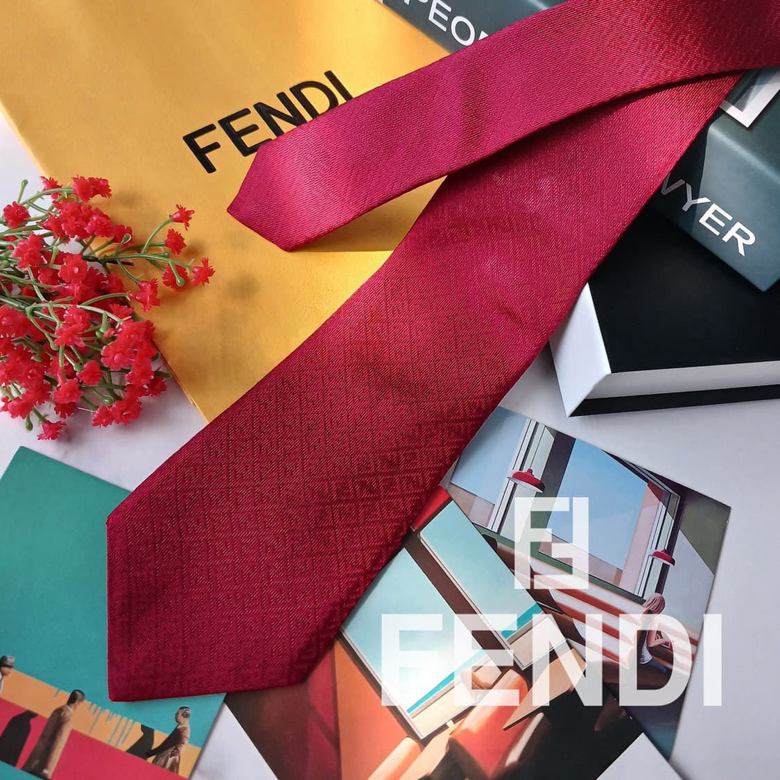 FENDI 펜디 실크 레드 로고 패턴 넥타이 8.3cm A등급 E746
 상품이미지1