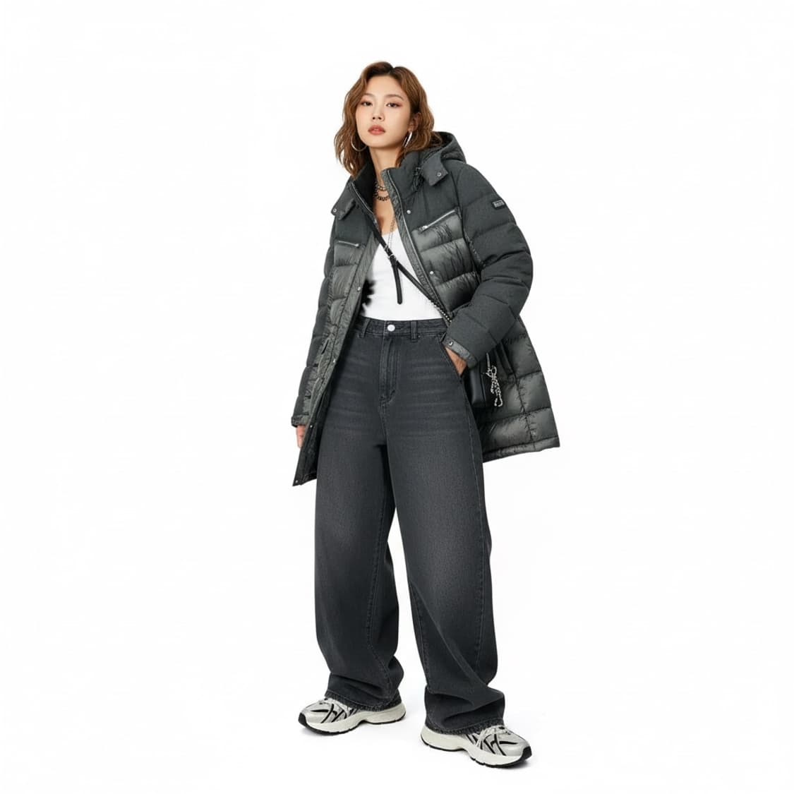 [90/66~77] 노스페이스 덕다운 롱패딩 차콜 여성 빈티지 상품이미지5