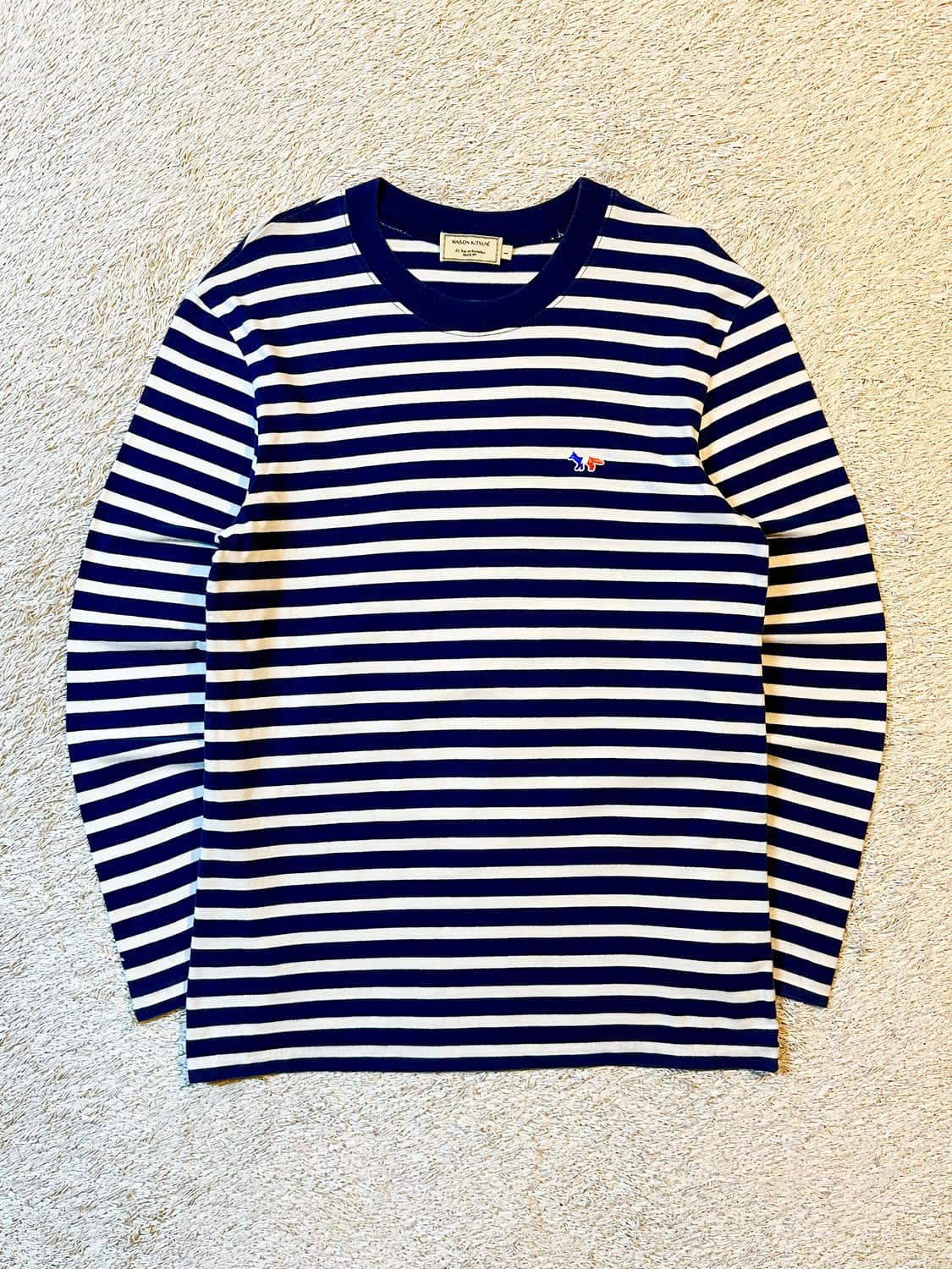 메종키츠네 트라이컬러 스트라이프 롱슬리브 긴팔 티셔츠 네이비 상품이미지1
