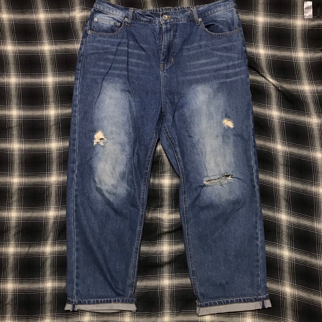 90s 재팬 슈퍼 와이드 더블니 워싱 디스트레드 중청 셀비지 데님 상품이미지1
