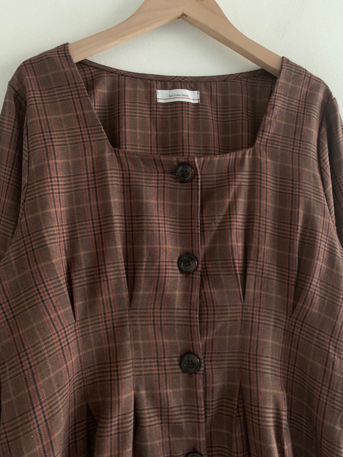 Check Square Neck Button Dress 상품이미지4