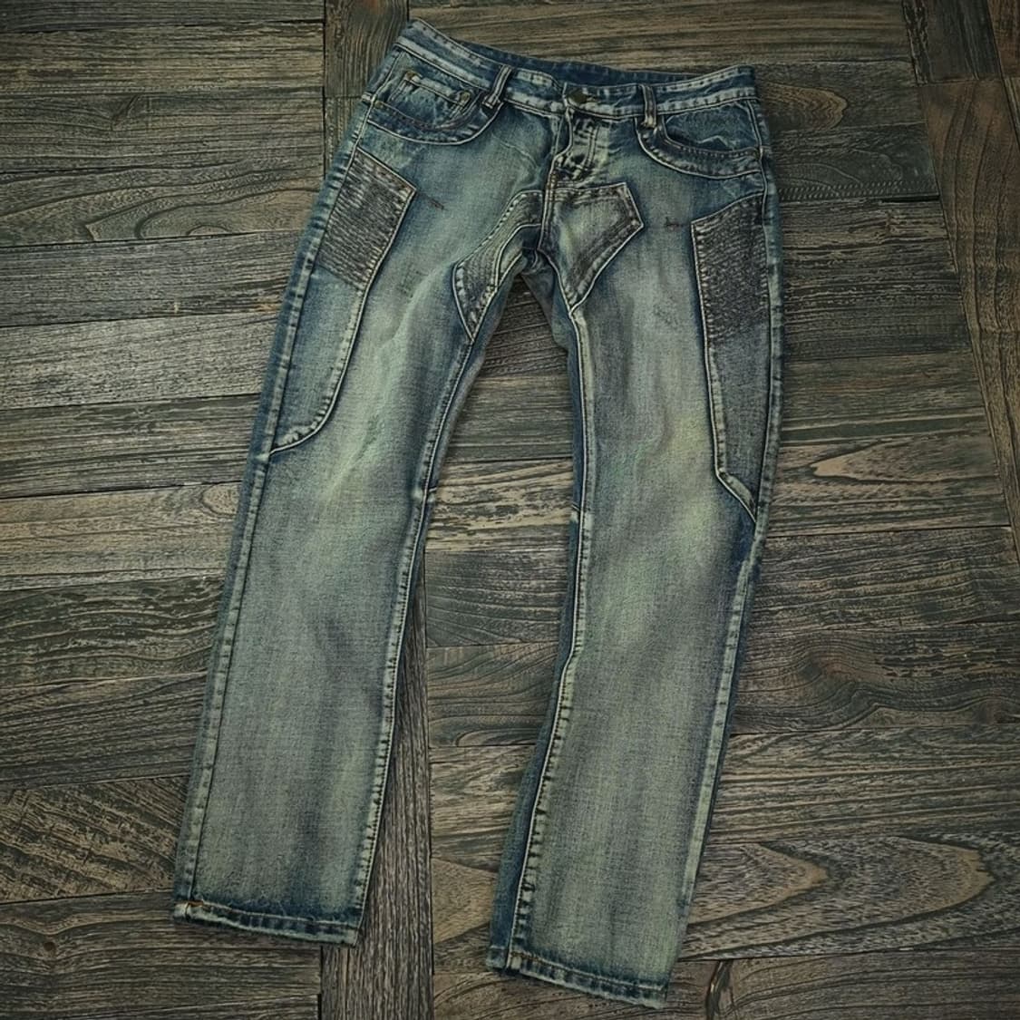 빈티지 워시드 패치 슬림핏 바이커진 바이커 데님 팬츠 청바지 M16790 상품이미지1