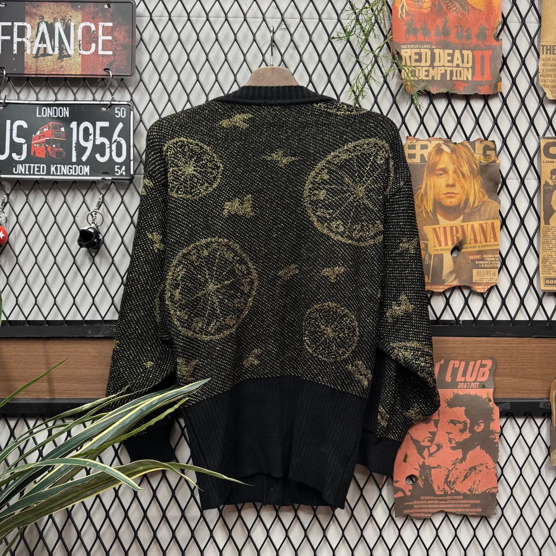90s JPN VINTAGE 자카드 니트 가디건 금장 버튼 포인트 블랙 상품이미지2
