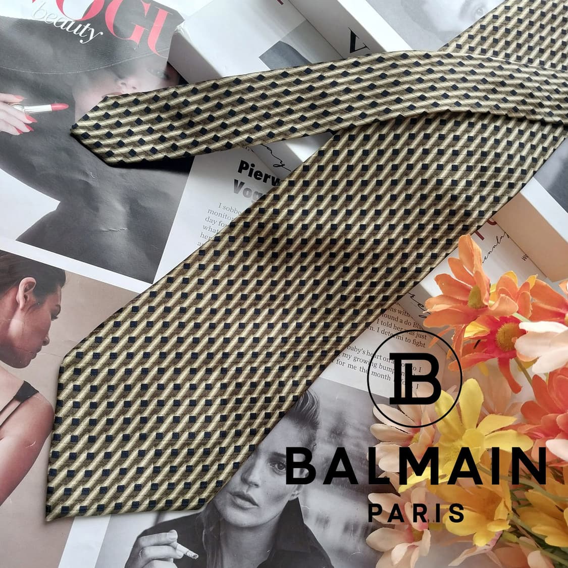 피에르 발망 실크 브라운 기하 패턴 넥타이 9.8cm A+등급 K2574 상품이미지2
