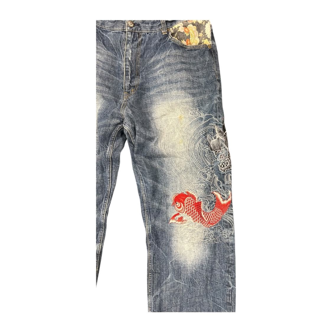 2XL) 카라쿠리 타마시 잉어&국화 자수 와이드 데님팬츠 BD-071 상품이미지2