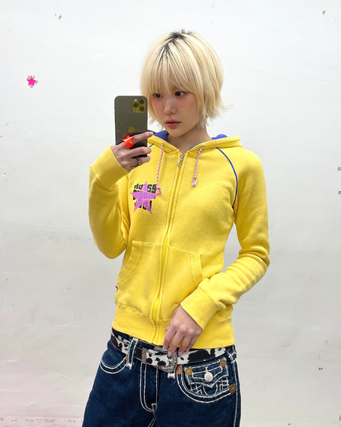 Retro Pink Star Yellow Hooded Zip-Up  상품이미지1