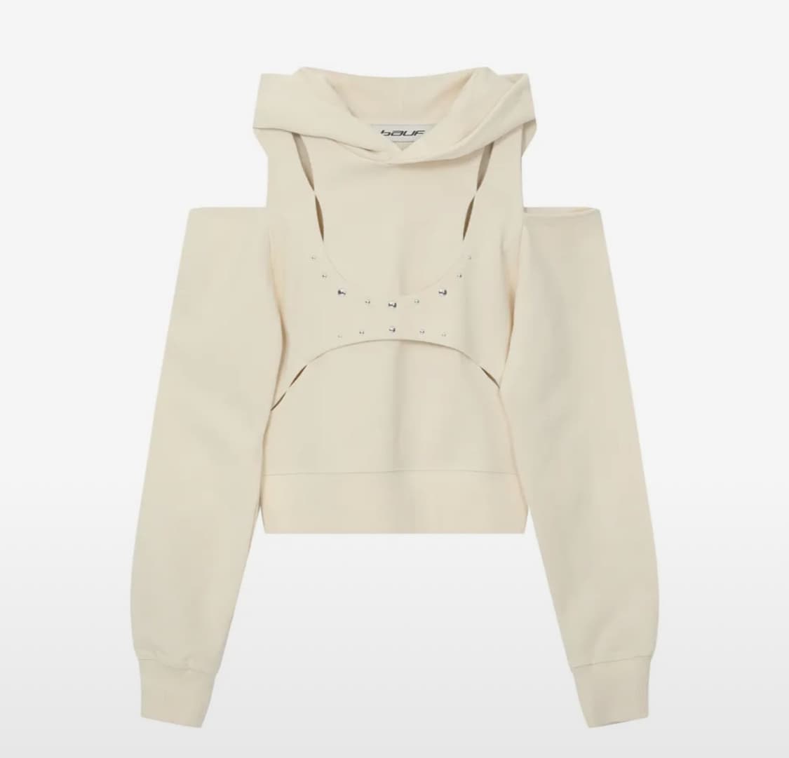 바우프 컷아웃 메탈 오프숄더 크롭 후드 라이트베이지 상품이미지1