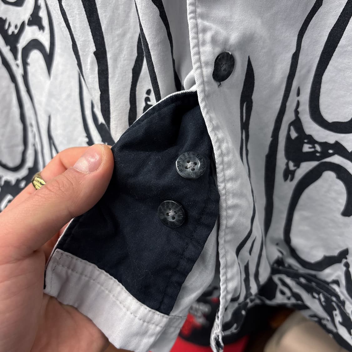 00s 할리데이비슨 빅 플레임 스컬 고딕 레터링 바이커 셔츠 N1187 상품이미지7