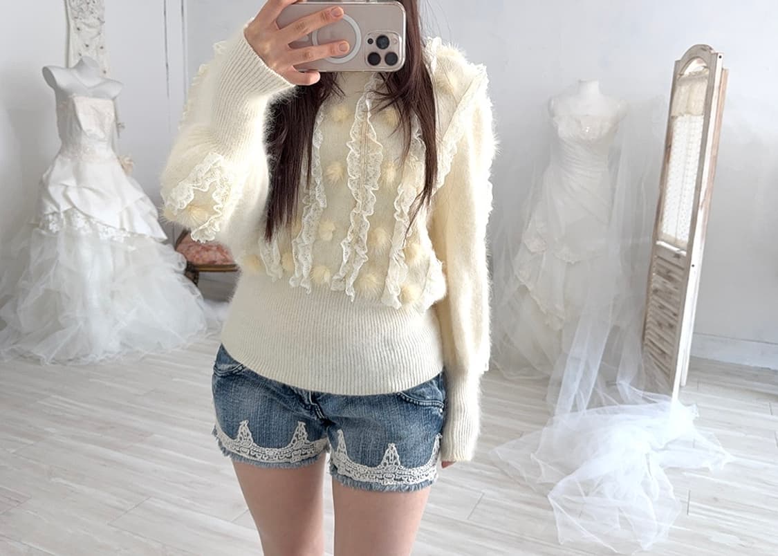 Ivory lace pom pom point angora knit 상품이미지6