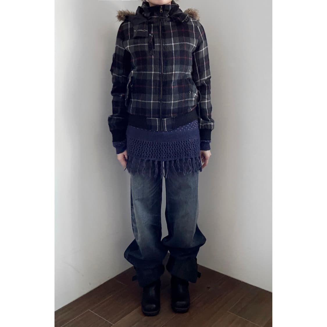 Fur Trimming Checkered Padding   상품이미지1