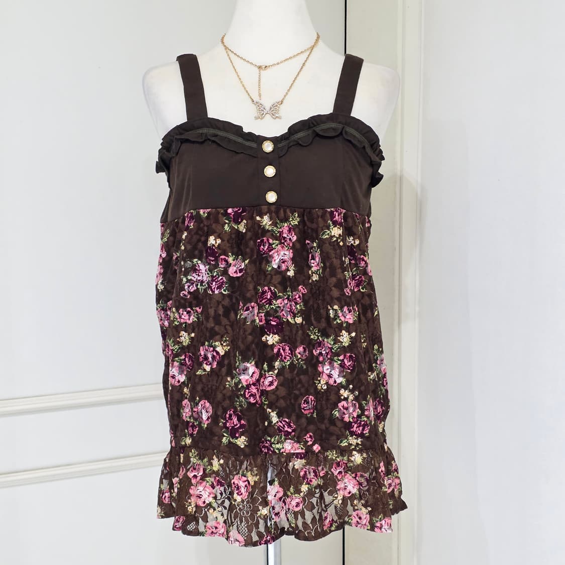 일본빈티지)초코라떼히메갸루st 플로럴 리즈리사깔 레이스 슬리브리스 상품이미지2