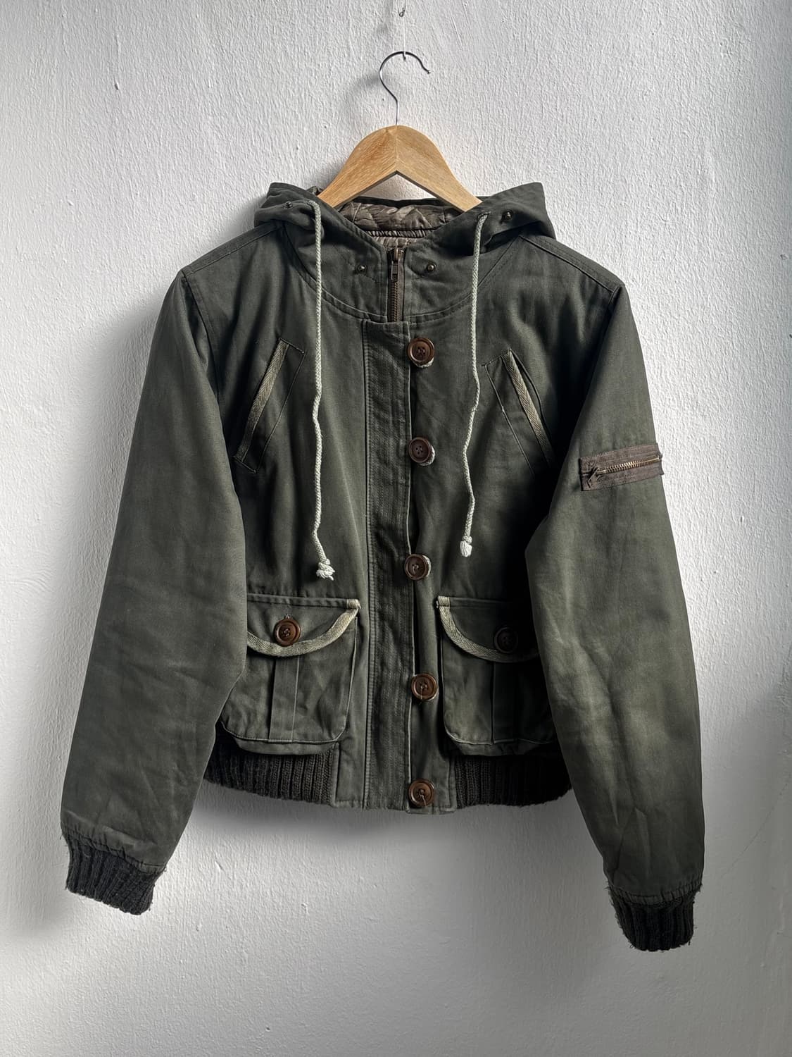 Vintage Khaki Hood Button Zip-Up Jacket 상품이미지5