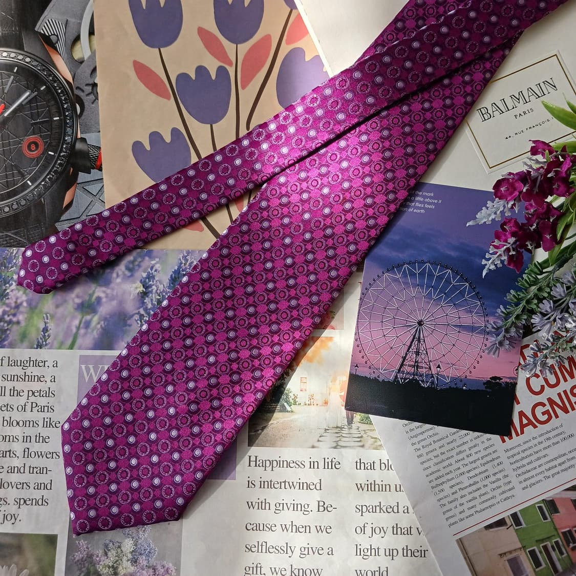 피에르 발망 실크 퍼플 기하 패턴 넥타이 9.3cm A+등급 A19703 상품이미지5