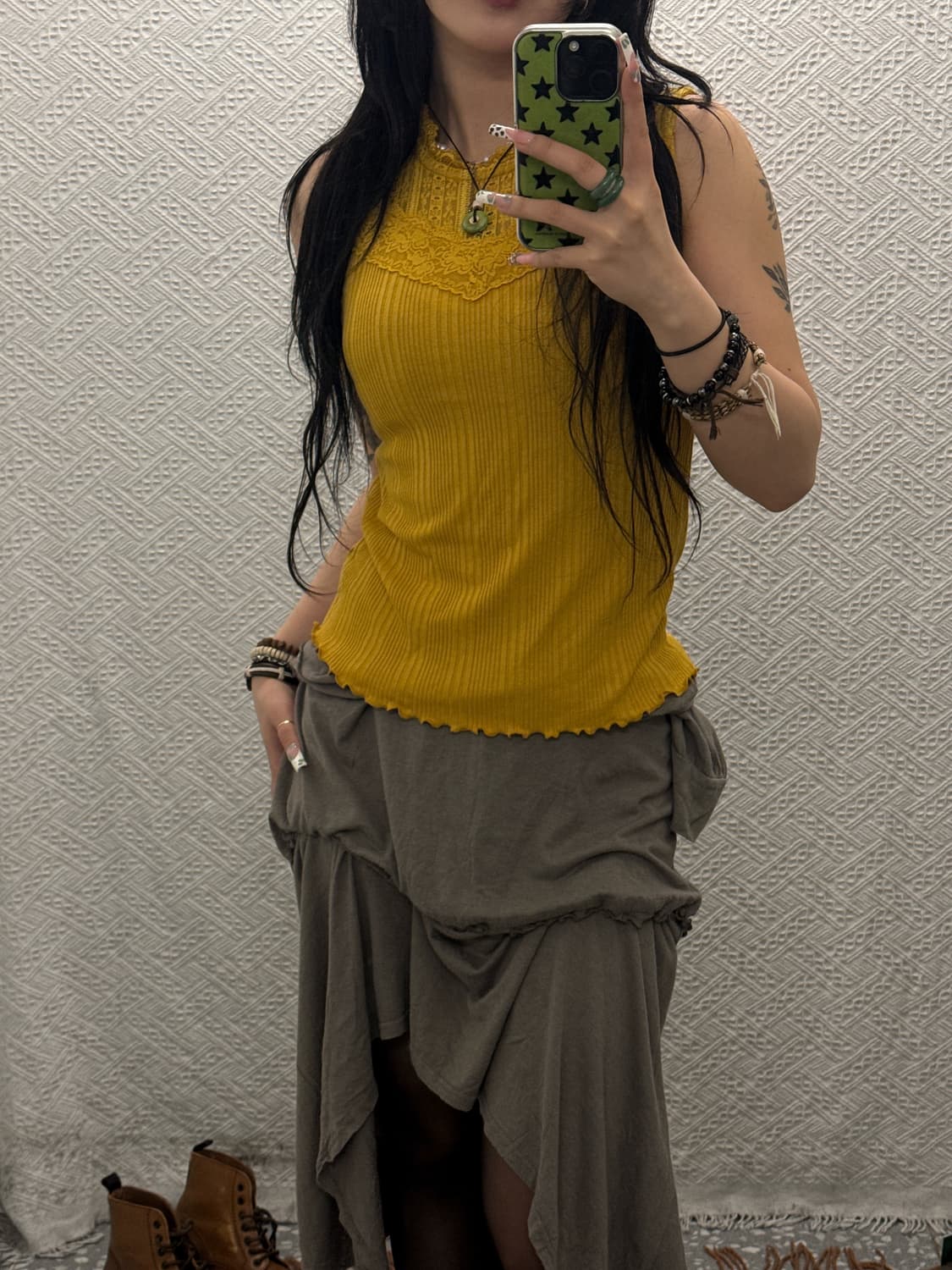 빈티지 란제리코어 레트로 90's 레이스 머스타드 나시 K0142 상품이미지1