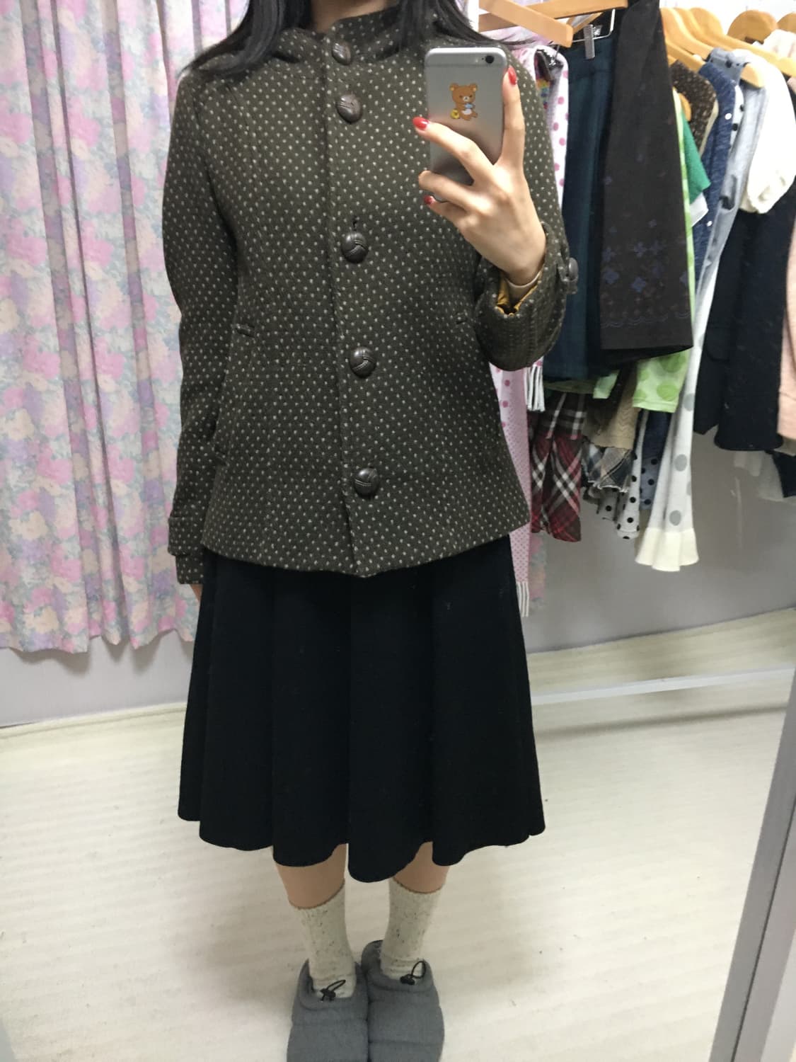 카키브라운 도트 후드 코트 상품이미지2