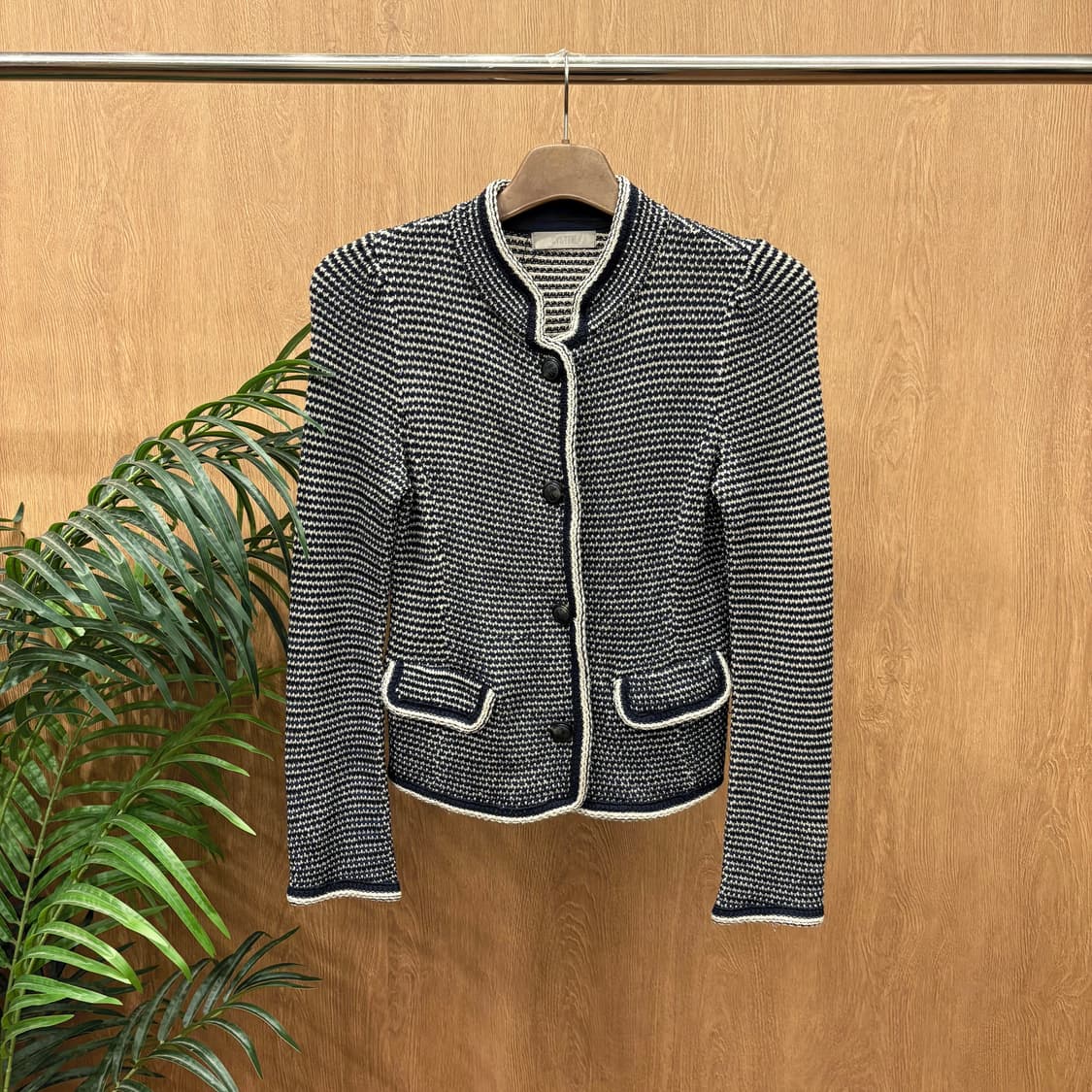 시스템 크롭 트위드 자켓 아이보리 배색 트리밍 요크 라인 디테일 네이비 상품이미지1