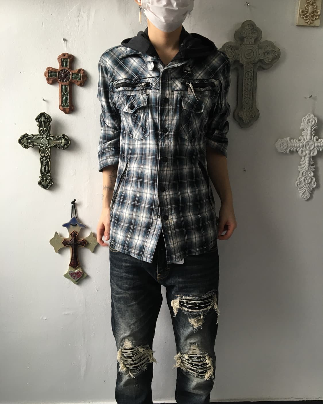 Hood layered check pattern shirt 상품이미지1