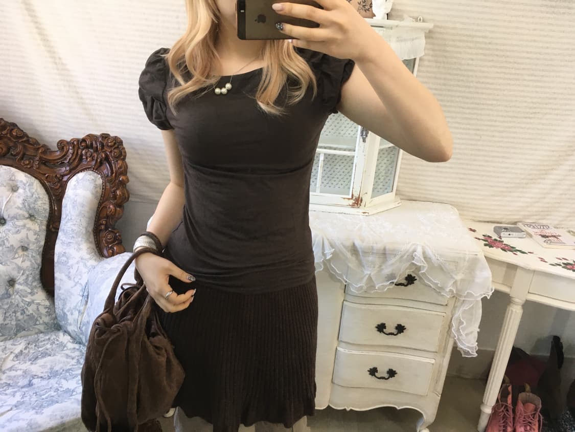 Set)브라운 퍼프 프릴반팔 + 카키 레이스 나시 상품이미지6