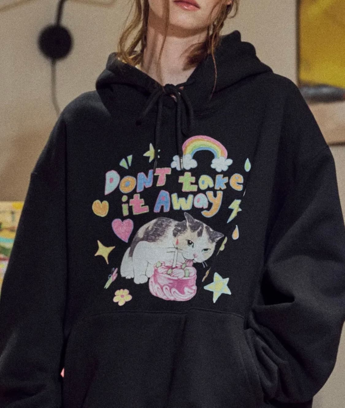 [L]꼼파뇨 Cake Cat 오버핏 후드/블랙/기모 상품이미지2