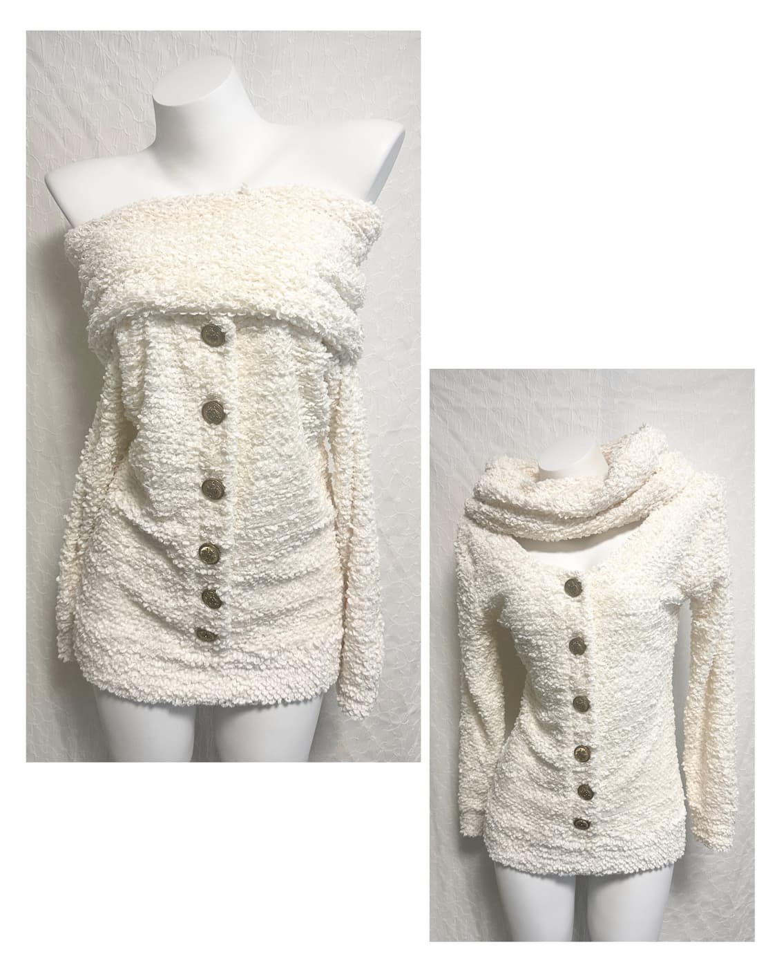 빈티지 갸루 금장 부클 니트 하이넥 오프숄더 원피스 탑 상품이미지1