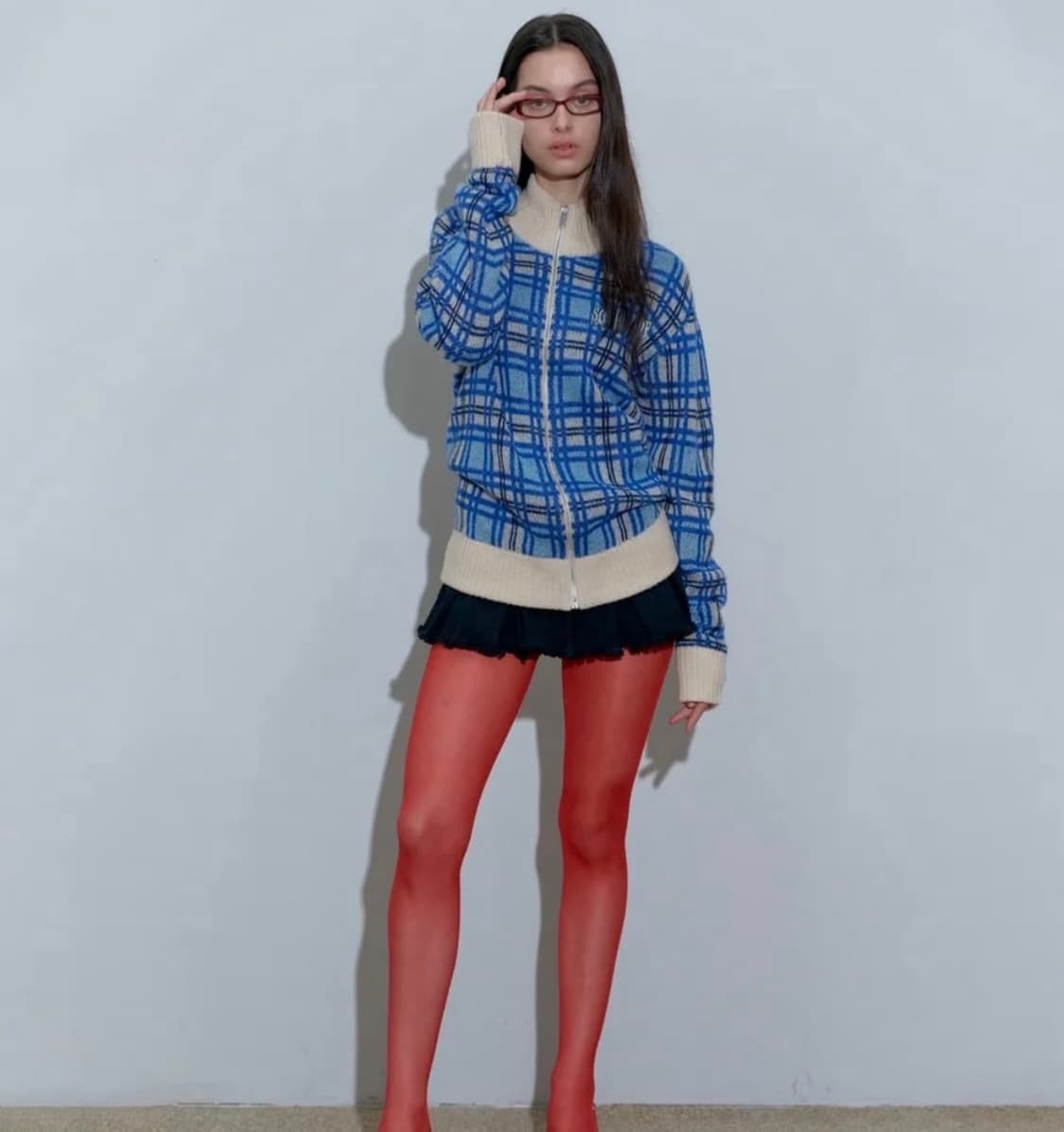 스컬프터 모헤어 체크집업 니트 멀티 블루 L 상품이미지4