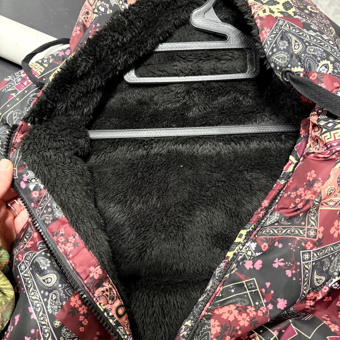 VTG 빈티지 오리엔탈 에스닉 사쿠라 페이즐리 패치 후드 플리스 베스트 상품이미지6