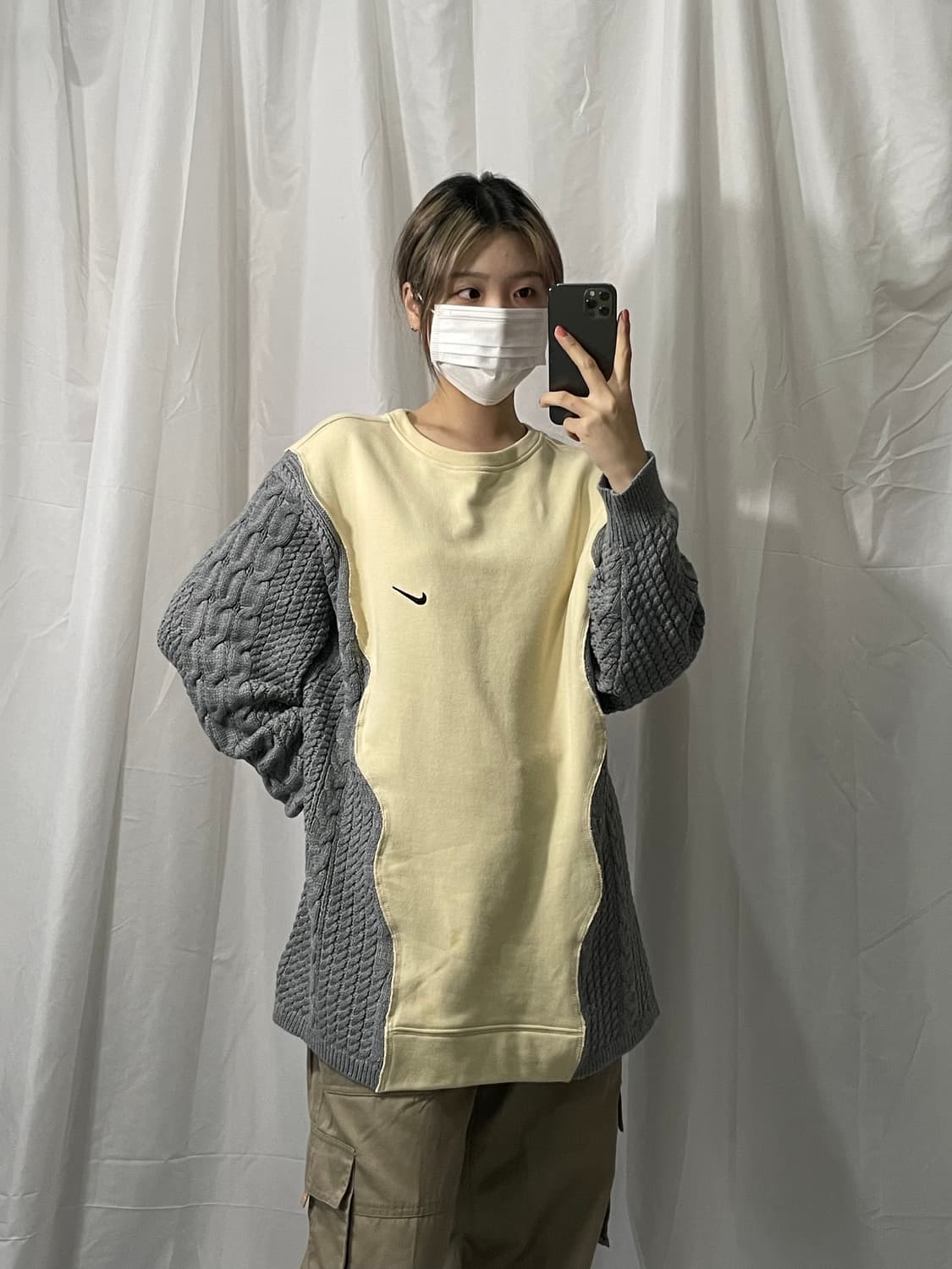 나이키 아이보리 그레이 니트 오버로크 맨투맨 XL 상품이미지4