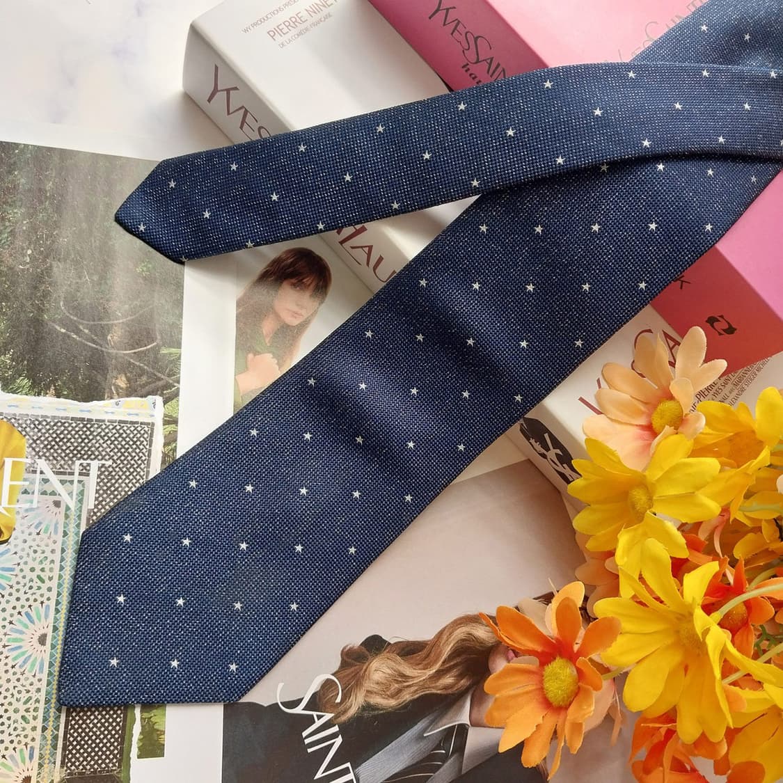 입생로랑 실크 네이비 스타 자수 넥타이 8cm A+~A등급 K2558 상품이미지3