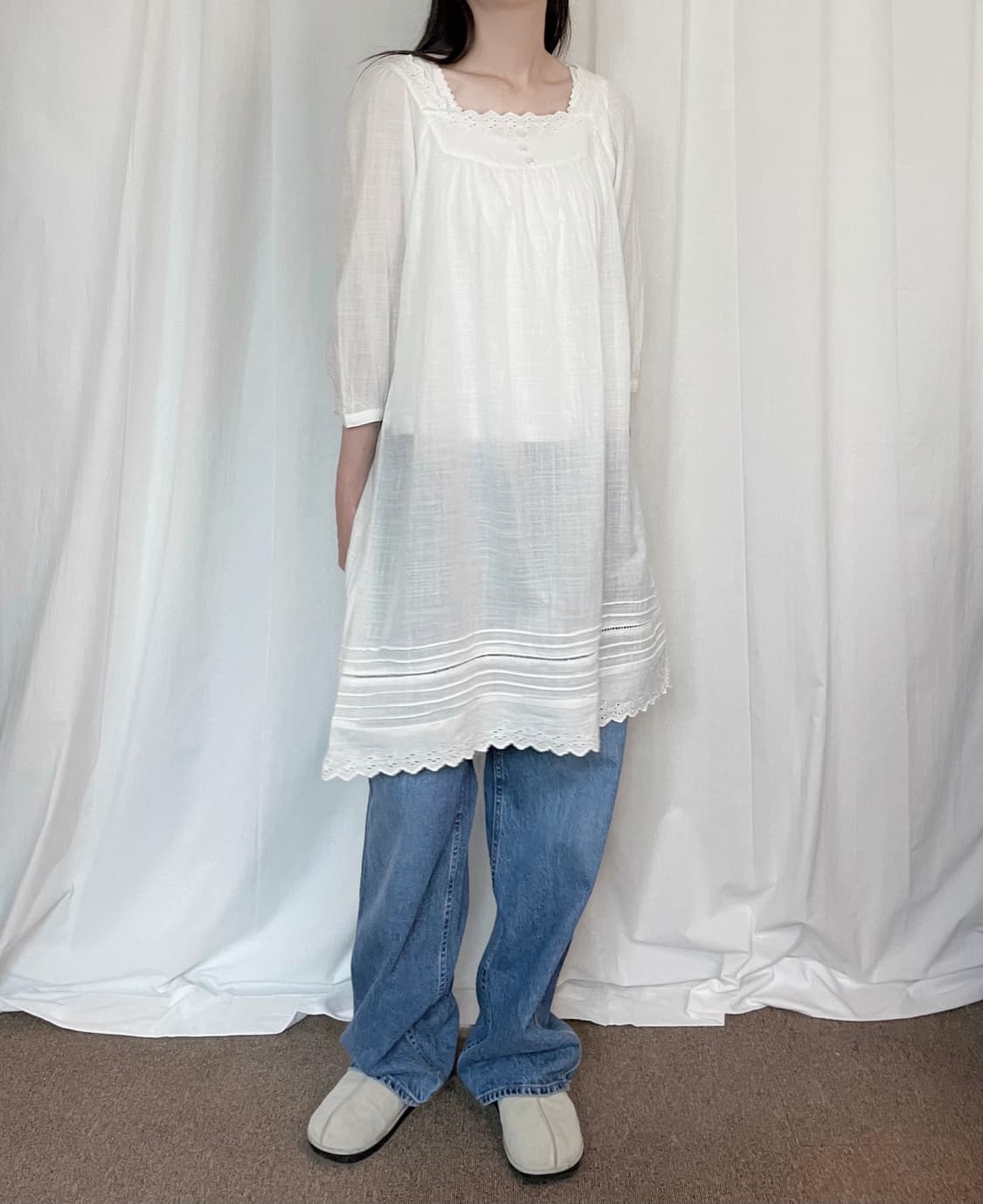 Square Neck Cotton Lace Blouse - White 상품이미지3