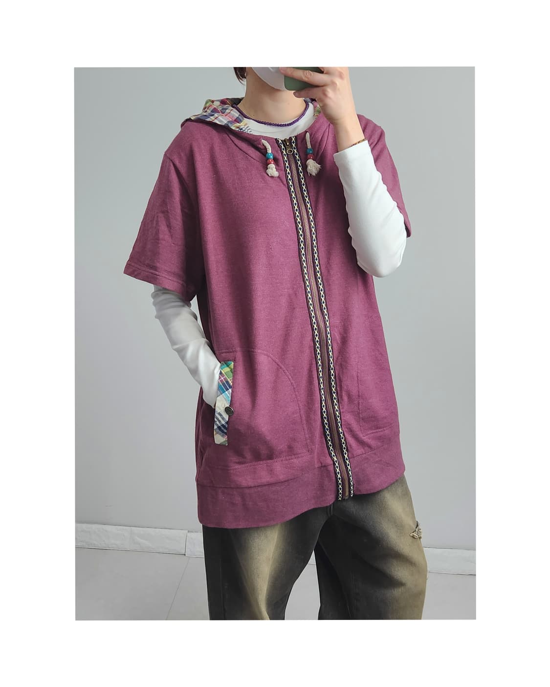 체크 후드 집업 상품이미지1