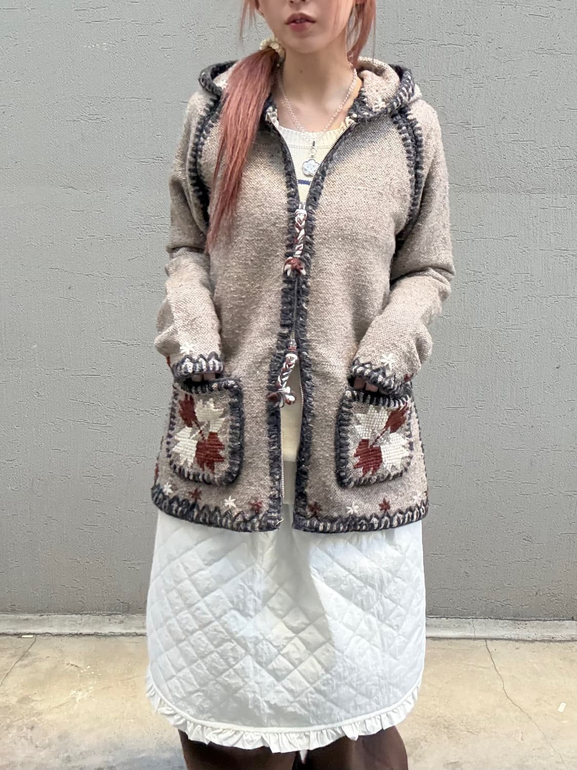 모리 하구미 단풍 스티치 울 니트 후드집업 상품이미지1